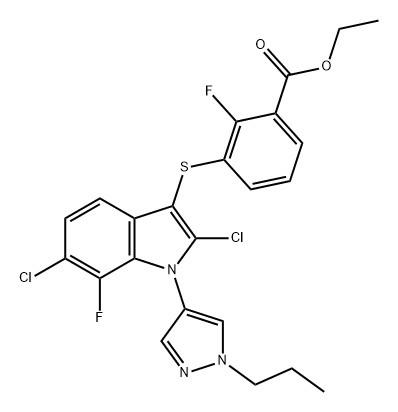Asam Benzoat, 3-[[2,6-dikloro-7-fluoro-1-(1-propil-1H-pirazol-4-il )-1H-indol-3-yl]thio]-2-fluoro-, Ethyl Ester (ACI) No CAS: 1782070-79-4