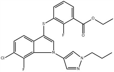 Asam Benzoat, 3-[[6-kloro-7-fluoro-1-(1-propil-1H-pirazol-4-il){ {8}}H-indol-3-yl]thio]-2-fluoro-, Ethyl Ester (ACI) No CAS: 1782070-73-8